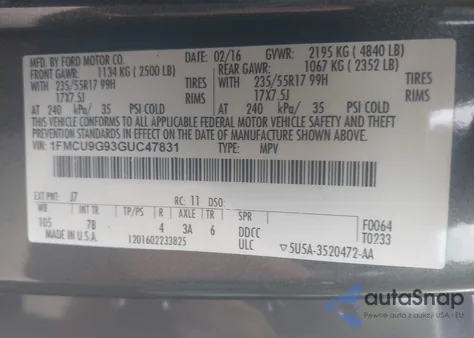 2016 Ford Escape Se из США, поврежденный, VIN 1FMCU9G93GUC47831